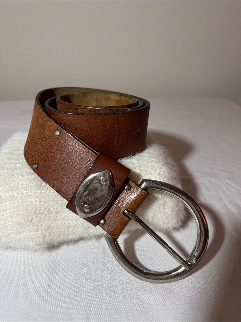 Vintage Pierre Cardin Brown Leather Belt with Silver Round Buckle